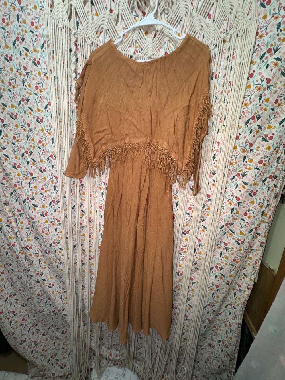 Dairi Moroccan Fringe Long Sleeve Maxi Dress Rust Boho